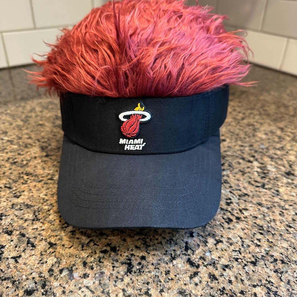 Miami Heat Faux Hair Visor Hat Men's One Size Black Red Wig NBA Fan Gear New